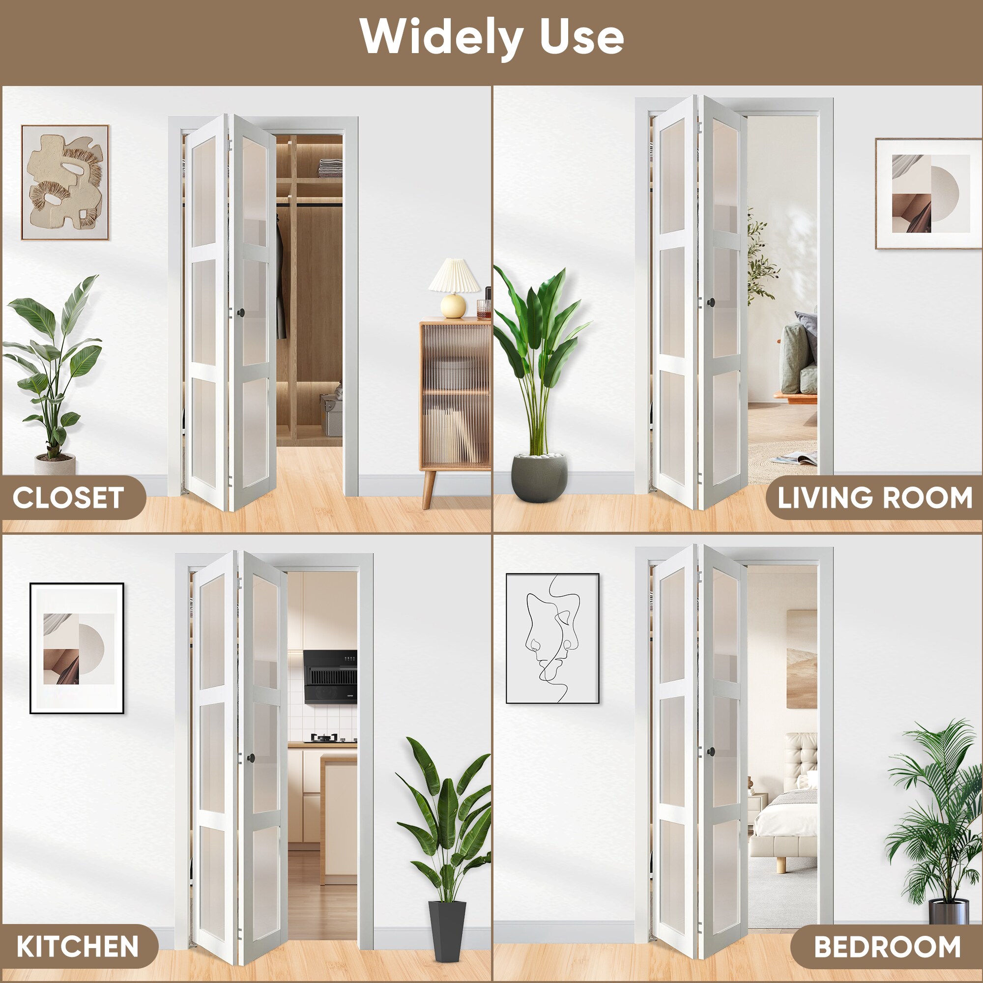 30"x 80" 3-Lite Frosted Glass Bi-Fold Barn Door Solid Manufactured Wood With Installation Hardware Kit_voghion.com